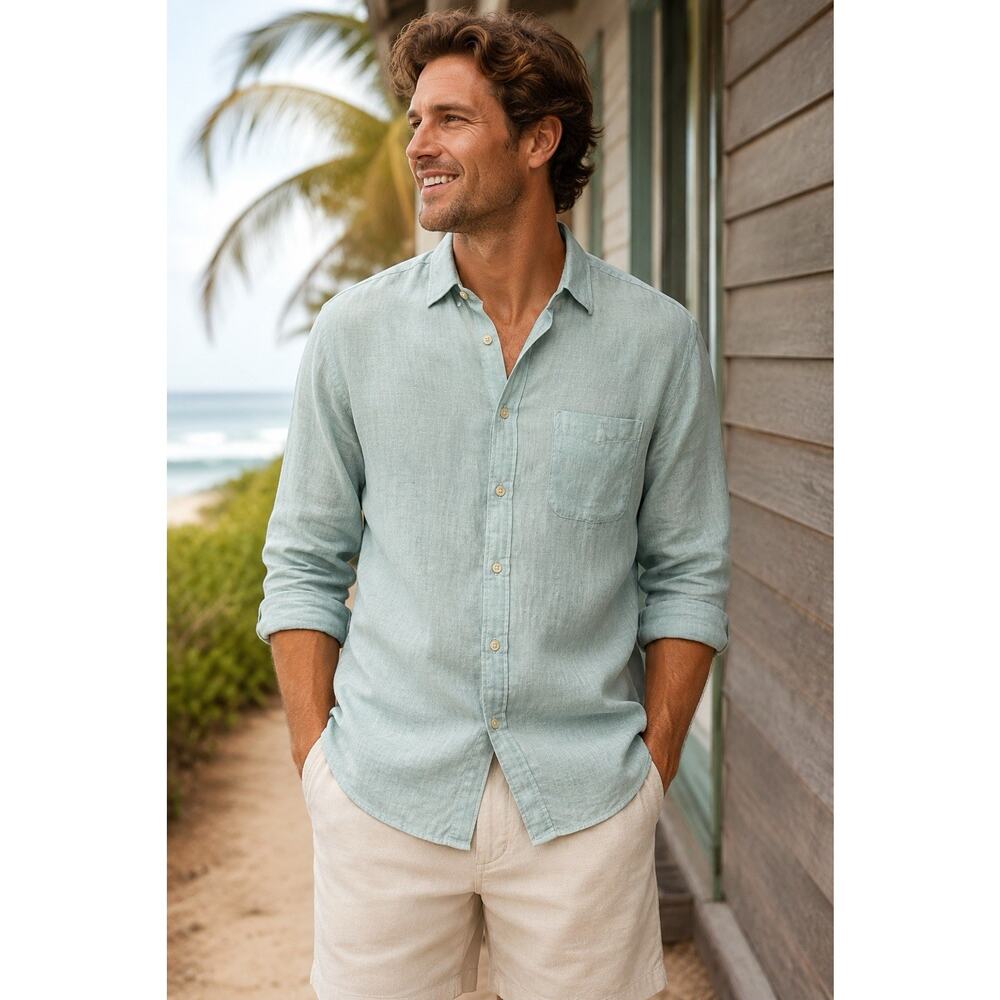 Faherty Brand Mens Large Linen Button Up Shirt Mint Green Coastal Beach
